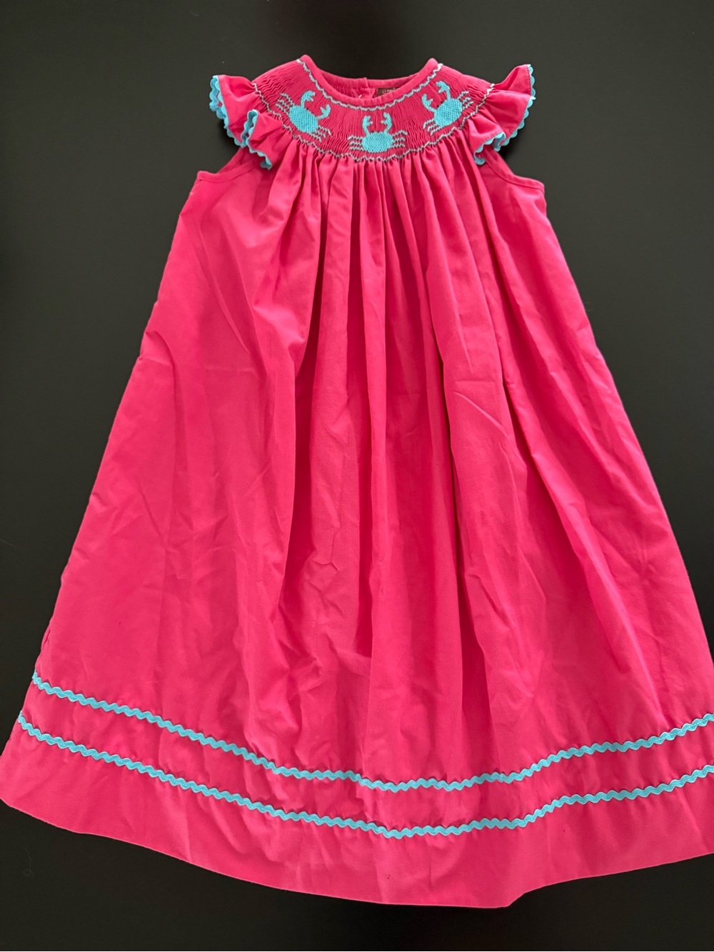 Stitched & Smocked Pink Crab Dress Girls 4T Smocked Boutique Ric Rac Beach Dress